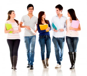 Friendly group of students talking  - isolated over a white background