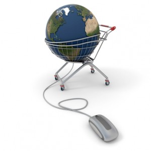 3D rendering of a world globe on a supermarket trolley connected to a computer mouse