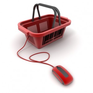 3D rendering of a shopping basket connected to a computer mouse