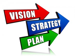 vision, strategy, plan - text in 3d red, blue and green arrows