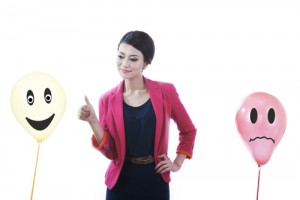 Conceptual business photo of business woman with happy and sad customers face isolated on white