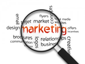 Magnified illustration with the word Marketing on white background.